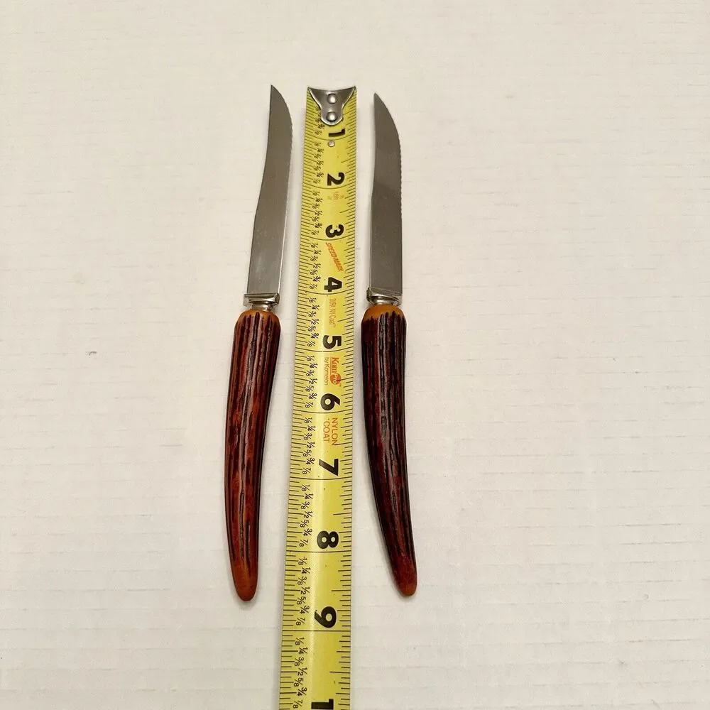 2 Vtg Steak Knives Faux Stag Antler Horn Handle Lifetime Cutlery Stainless Steel - Picture 3 of 7